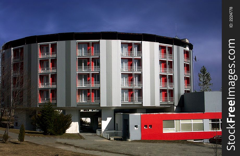 Circle building  with balcony in Hight Tatras. Circle building  with balcony in Hight Tatras