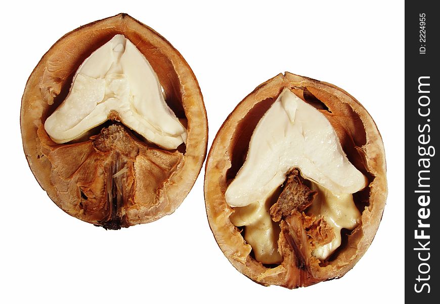 Two halves of cracked walnut - isolated on white background