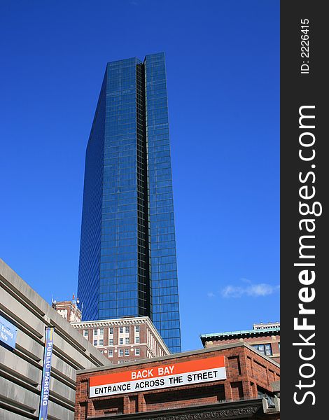 Boston's John Hancock Tower and sign for the Back Bay T (subway) station.