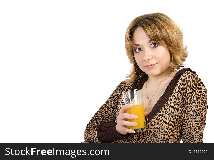 Beautiful girl keeps in hand glass with juice isolated over white