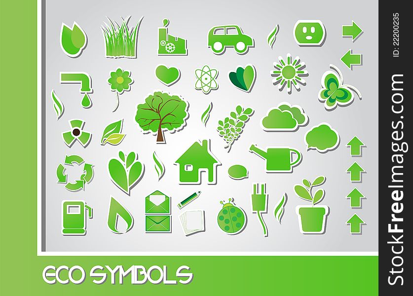 Collection of eco symbols on gray background