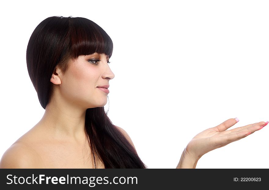 Woman showing something on the palm of her hand