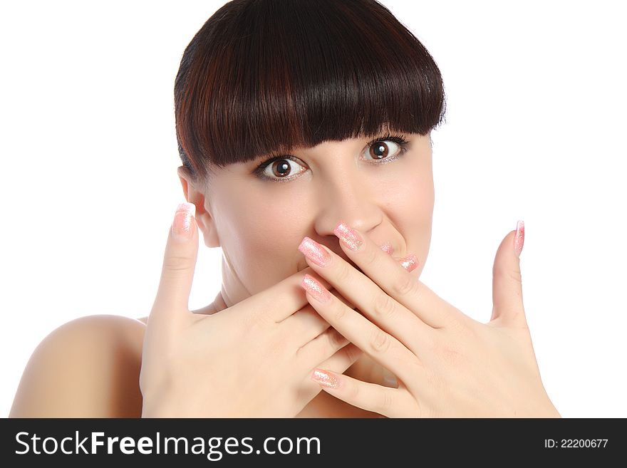 Surprise brunette girl isolated on a over white background