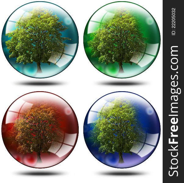 Four trees with leaves inserted balls of various colors, ecology concept. Four trees with leaves inserted balls of various colors, ecology concept