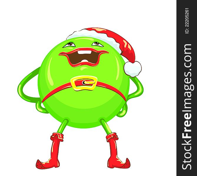 Green ball in a red Christmas hat and boots with a smile stands legs apart and hands on hips, isolated on white background. Green ball in a red Christmas hat and boots with a smile stands legs apart and hands on hips, isolated on white background