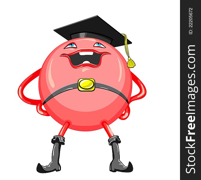 Red ball in a black academic hat and boots with a smile stands legs apart and hands on hips, isolated on white background. Red ball in a black academic hat and boots with a smile stands legs apart and hands on hips, isolated on white background