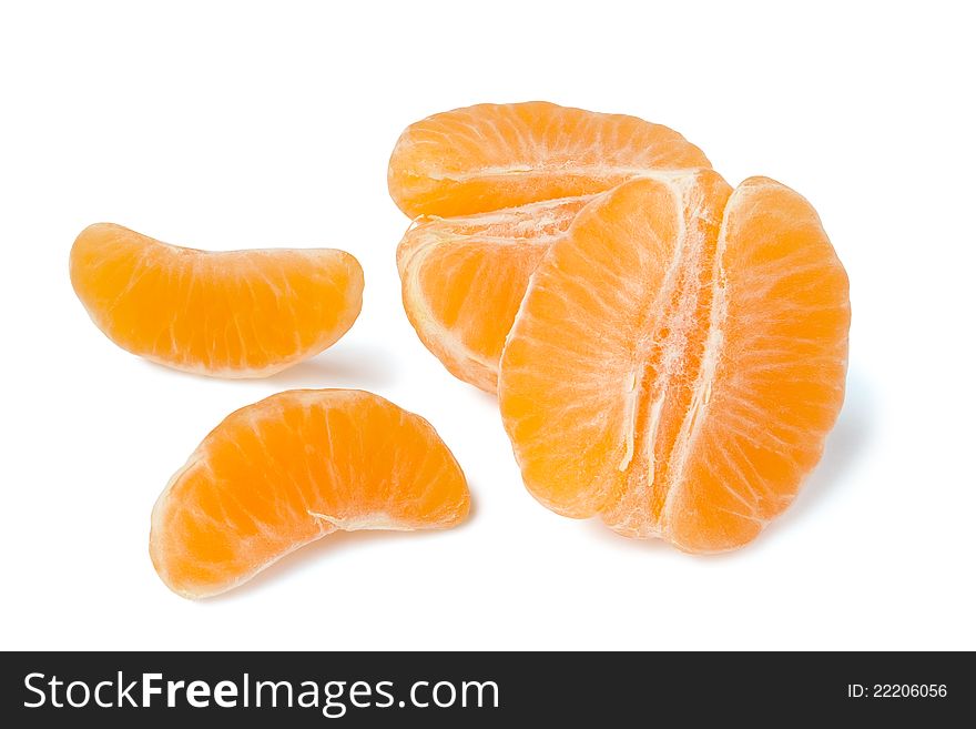 Peeled tangerine against white background