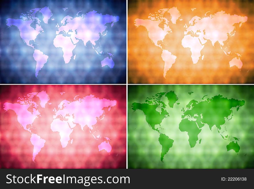 Collection of multi-colored background. A world map silhouette. Collection of multi-colored background. A world map silhouette