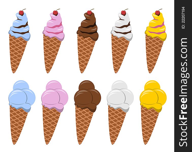Colorful illustration of ice creams in a cone with different flavors. Colorful illustration of ice creams in a cone with different flavors