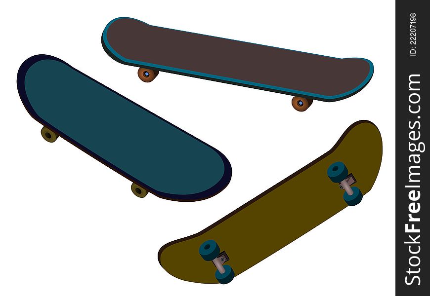 A set of different skateboards and in different views for graphic element use. A set of different skateboards and in different views for graphic element use