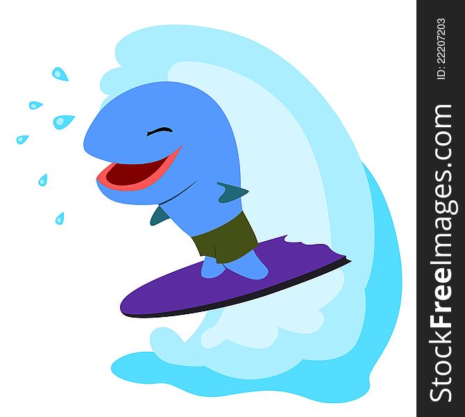 A cute, colorful, and humorous illustration of a fish surfing on a wave. A cute, colorful, and humorous illustration of a fish surfing on a wave
