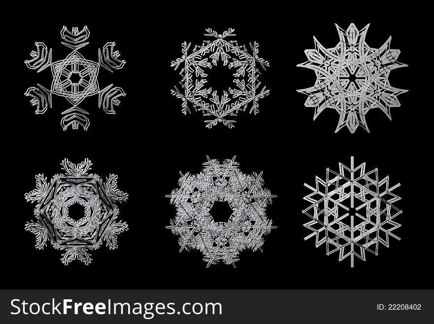 Illustration of snowflake collection on black background