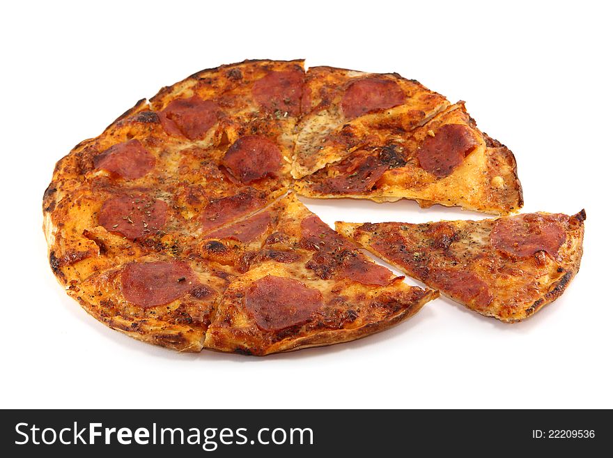 Very Crispy Home-made pepperoni pizza on white background