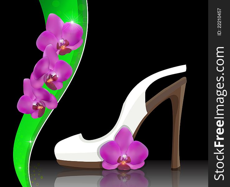 Vector illustration of shoes decorated with an orchid. Vector illustration of shoes decorated with an orchid