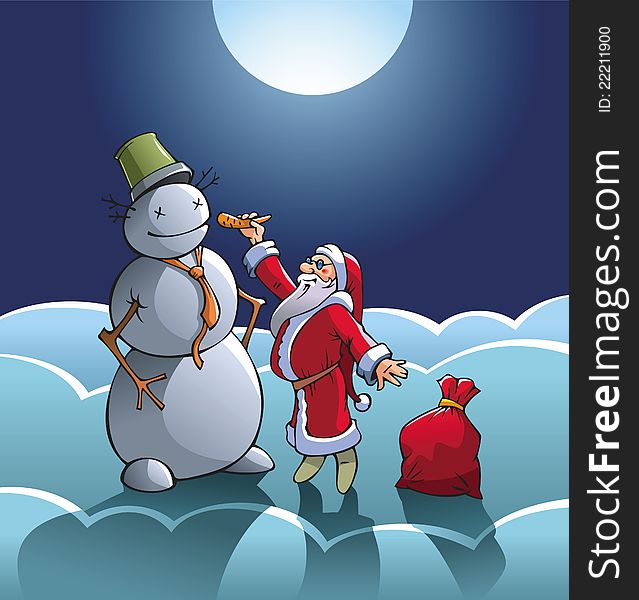 Santa Claus inserting a carrot into snowman's nose, vector illustration. Santa Claus inserting a carrot into snowman's nose, vector illustration