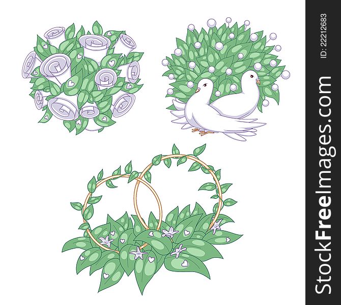 Wedding vector set: bridal bouquet, pigeons and rings. Wedding vector set: bridal bouquet, pigeons and rings