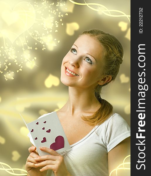 Attractive Happy Girl , Reading Valentine Card