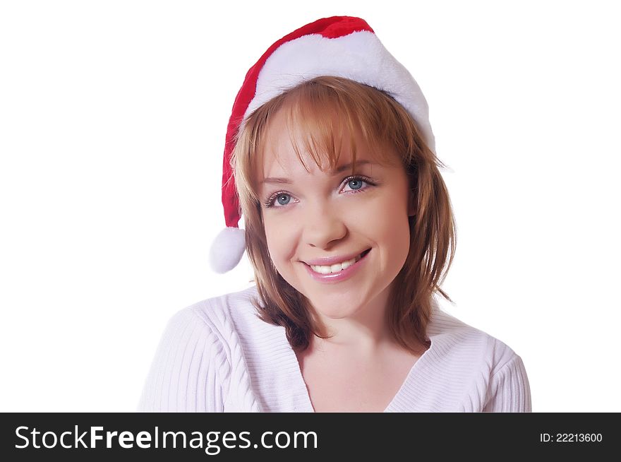 Girl with christmas hat over white. Girl with christmas hat over white