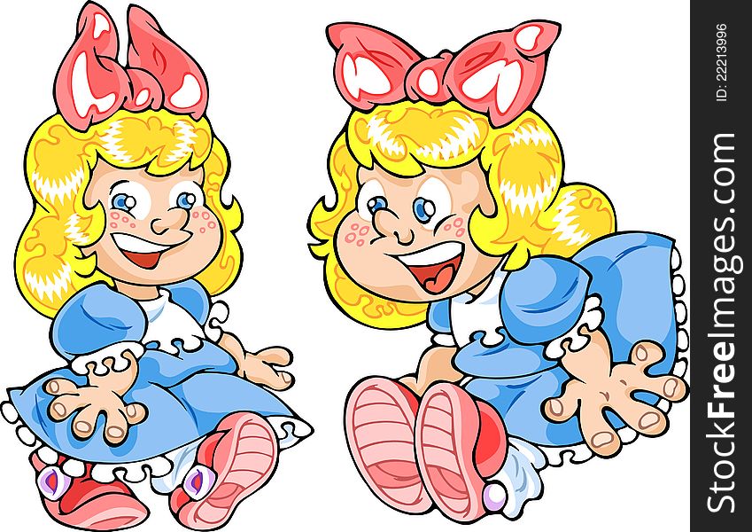 The illustration shows a little funny girl in a blue dress. Girl shows two kinds of emotions. Illustration done in cartoon style. The illustration shows a little funny girl in a blue dress. Girl shows two kinds of emotions. Illustration done in cartoon style.