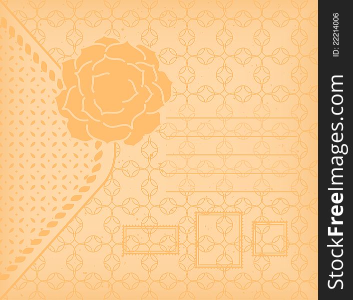 Vector card with blooming flower and three postage stamps in golden background