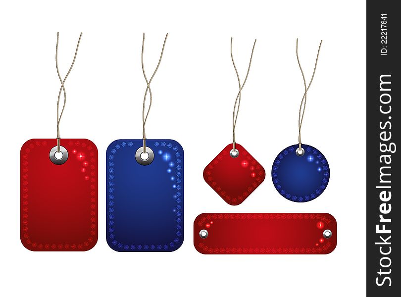 Red and blue price tags on a white background