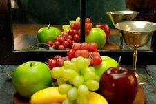 Fruit Tray, Silver Wine Glass With Reflection Through Mirrored Window Stock Image Fruit Tray, Silver Wine Glass With Reflection Through Mirrored Window Stock Image