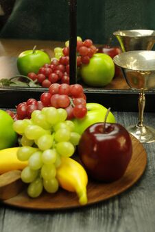 Fruit Tray, Silver Wine Glass With Reflection Through Mirrored Window Stock Image Fruit Tray, Silver Wine Glass With Reflection Through Mirrored Window Stock Image