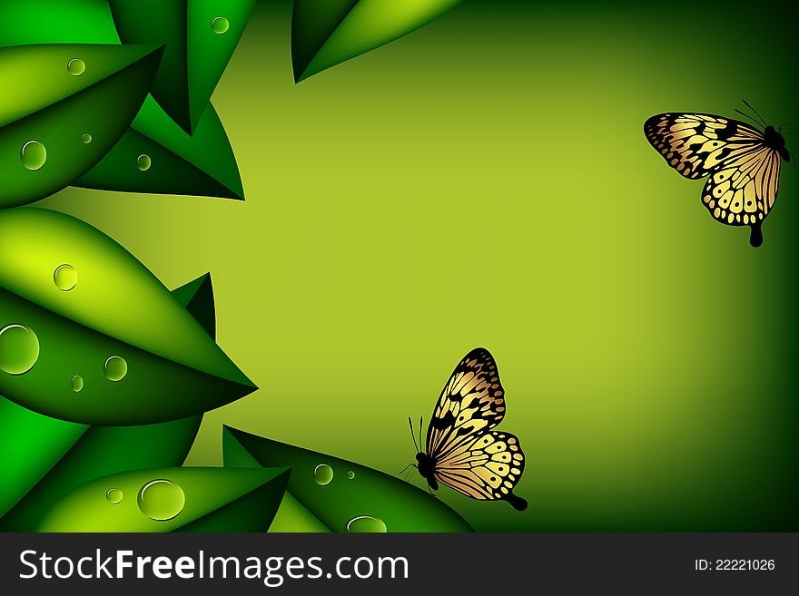 Vector bright green abstract background with leaves and butterflies. Vector bright green abstract background with leaves and butterflies