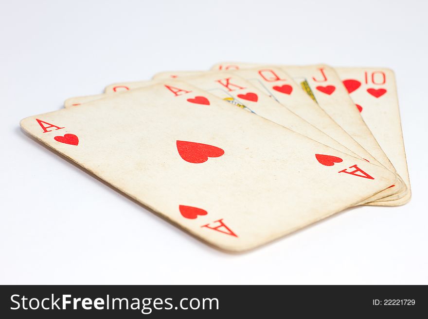 Playing cards, poker royal flush, hearts suit