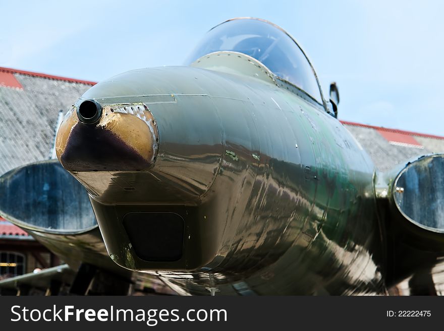 Jet fighter plane in closeup frontal view