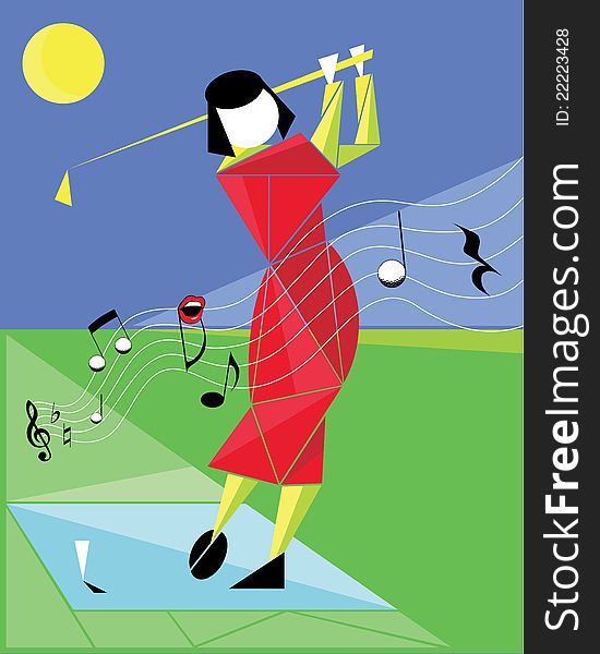 Illustration of a woman which shot a ball on a golf course like a melody on a sunset. Illustration of a woman which shot a ball on a golf course like a melody on a sunset