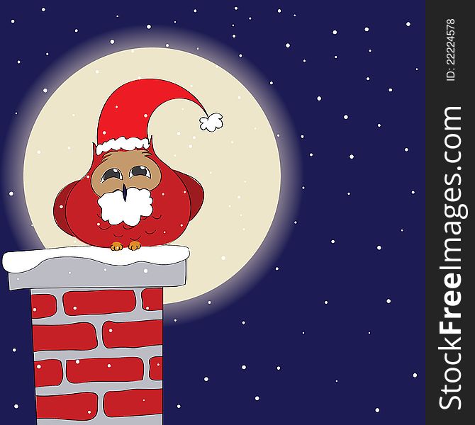 Funny owl dressed like Santa on a chimney. Funny owl dressed like Santa on a chimney