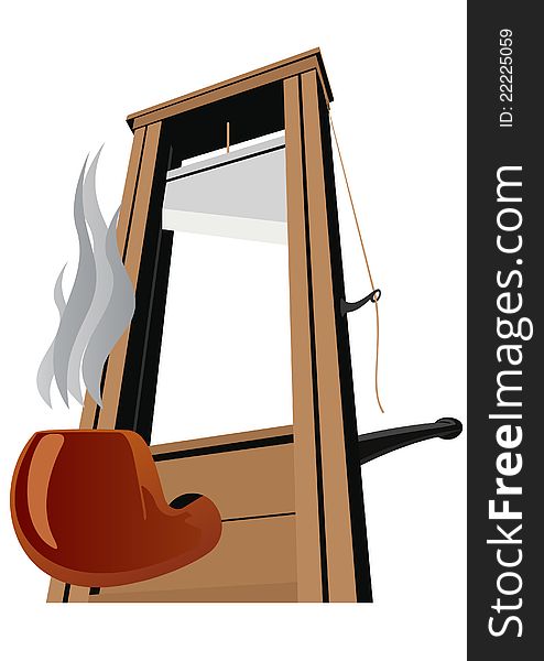 Guillotine with a raised knife and pipe for smoking tobacco. Tool to perform executions. The illustration on a white background. Guillotine with a raised knife and pipe for smoking tobacco. Tool to perform executions. The illustration on a white background.