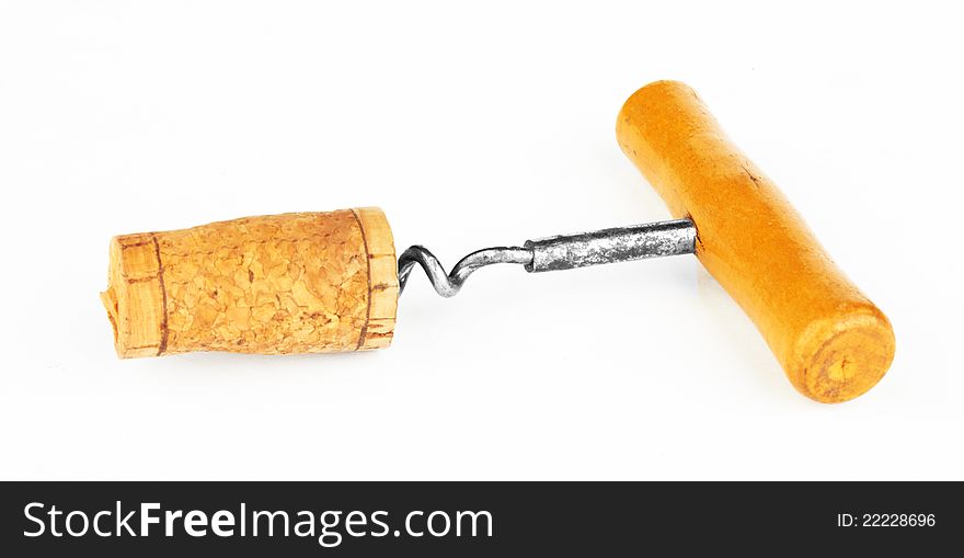 Close up of bottle opener and cork of wine bottle on white background with clipping path