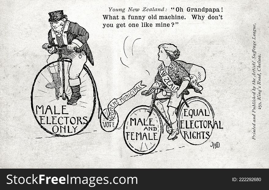 TWL.2000.58 Postcard, printed, cardboard, black text and image, white ground, Artists&#x27; Suffrage League illustration depicting an old man riding a penny farthing bicycle with the inscription: &#x27;MALE ELECTORS ONLY, WOMEN&#x27;S MUNICIPAL VOTE&#x27;, on the wheel, young boy riding on a modern bicycle beside him with the inscription: &#x27;NEW ZEALAND, MALE AND FEMALE EQUAL ELECTORIAL RIGHTS&#x27;, on his wheels and a sash, printed inscription front: &#x27;Young New Zealand: &#x27;Oh Grandpapa! What a funny old machine. Why don&#x27;t you get one like mine?&#x27;, Printed and Published by the Artists Suffrage League, 259 King&#x27;s Road, Chelsea&#x27;. TWL.2000.58 Postcard, printed, cardboard, black text and image, white ground, Artists&#x27; Suffrage League illustration depicting an old man riding a penny farthing bicycle with the inscription: &#x27;MALE ELECTORS ONLY, WOMEN&#x27;S MUNICIPAL VOTE&#x27;, on the wheel, young boy riding on a modern bicycle beside him with the inscription: &#x27;NEW ZEALAND, MALE AND FEMALE EQUAL ELECTORIAL RIGHTS&#x27;, on his wheels and a sash, printed inscription front: &#x27;Young New Zealand: &#x27;Oh Grandpapa! What a funny old machine. Why don&#x27;t you get one like mine?&#x27;, Printed and Published by the Artists Suffrage League, 259 King&#x27;s Road, Chelsea&#x27;.