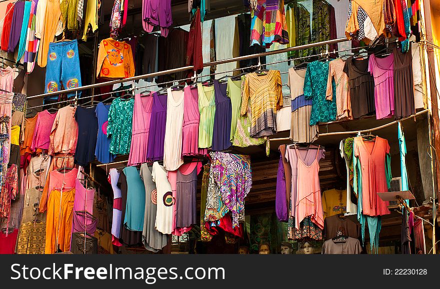 Colorful dress hanging in the Main Bazaar market, New Delhi, India. Colorful dress hanging in the Main Bazaar market, New Delhi, India