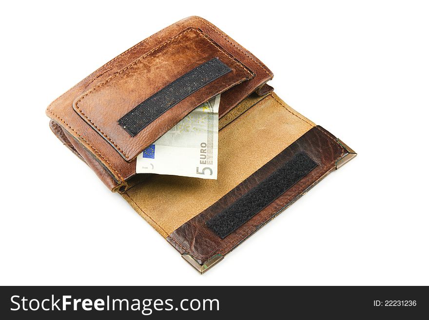Open brown leather wallet with banknote isolated on white background