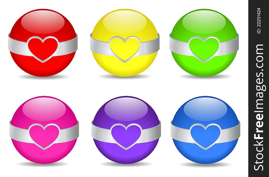 Colored spheres with metal rim in shape of heart