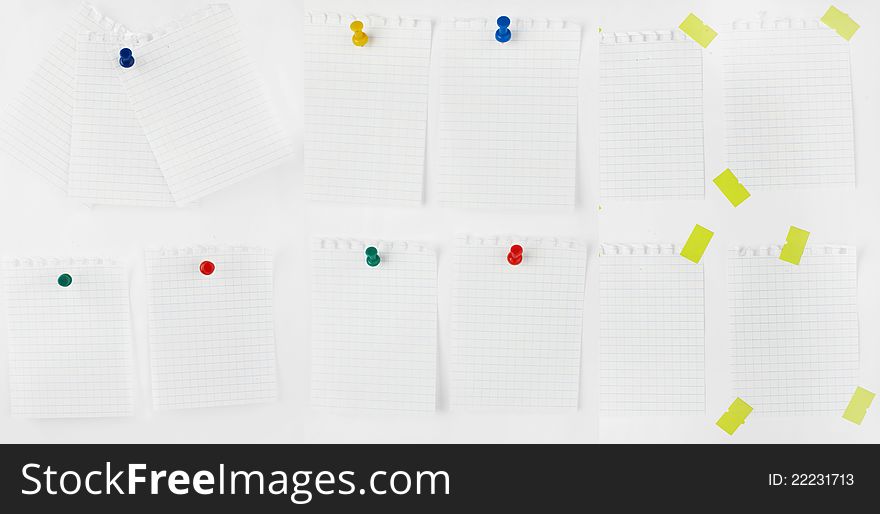 Collection of note papers with push pins on white background. each one is shot separately
