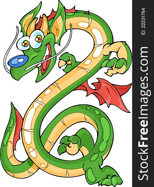The illustration shows the long dragon. The dragon is smiling and he has a paws, wings and couple horns. The illustration shows the long dragon. The dragon is smiling and he has a paws, wings and couple horns.