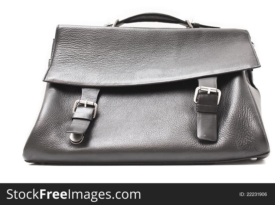 A black leather briefcase or bag. A black leather briefcase or bag