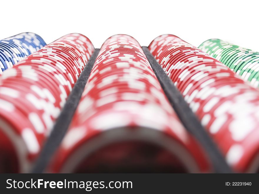 Five rows of stacked and colred poker chips. Five rows of stacked and colred poker chips