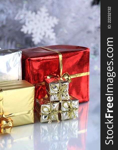 Christmas decorations with presents closeup with no people stock photo