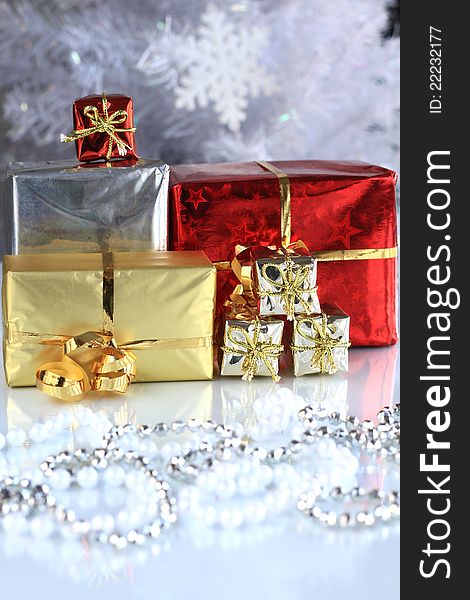 Christmas decorations with presents closeup with no people stock photo