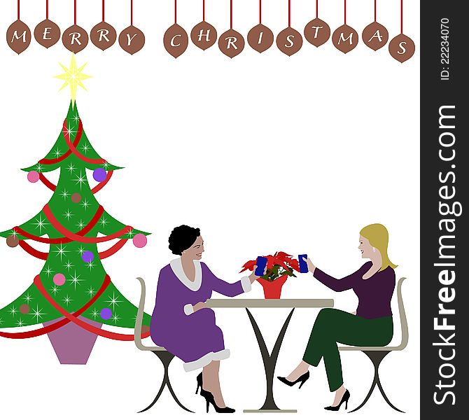 Stylized Christmas, 2 ladies having a holiday lunch together. Stylized Christmas, 2 ladies having a holiday lunch together.