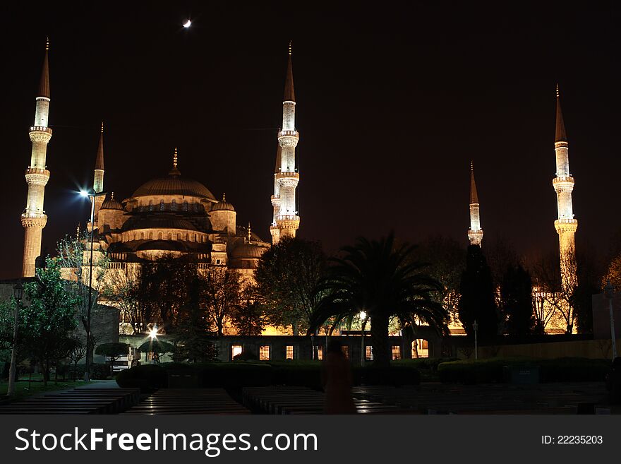 The Sultan Ahmed Mosque at night, Istanbul. The Sultan Ahmed Mosque at night, Istanbul.