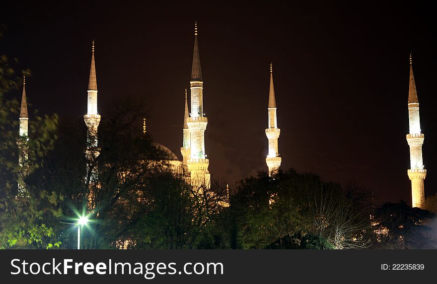 The Minarets of Sultan Ahmed Mosque at night, Istanbul.