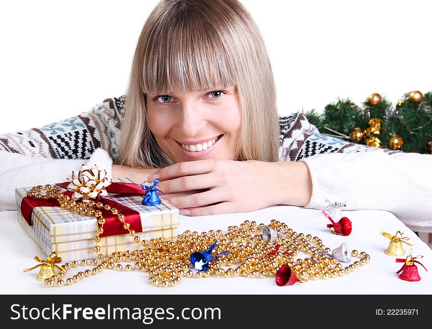 Beautiful woman and Christmas decorations isolated on white background. Beautiful woman and Christmas decorations isolated on white background