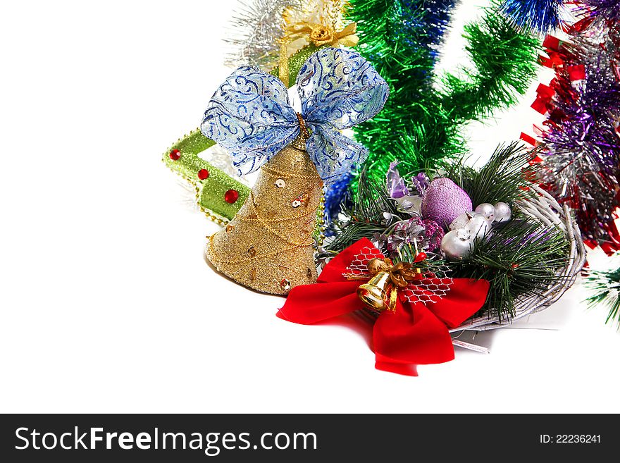 Christmas bell with ribbon on a colorful background. Christmas bell with ribbon on a colorful background