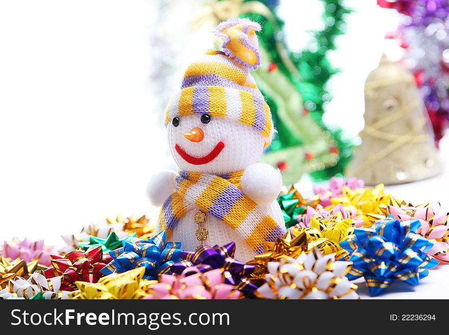 Colorful Christmas card with snowman and decorations. Colorful Christmas card with snowman and decorations